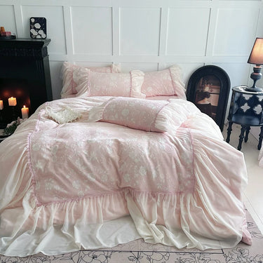 Pink Green Romantic Lace Ruffles Carved Fleece Velvet Warm Duvet Cover Bedding Set